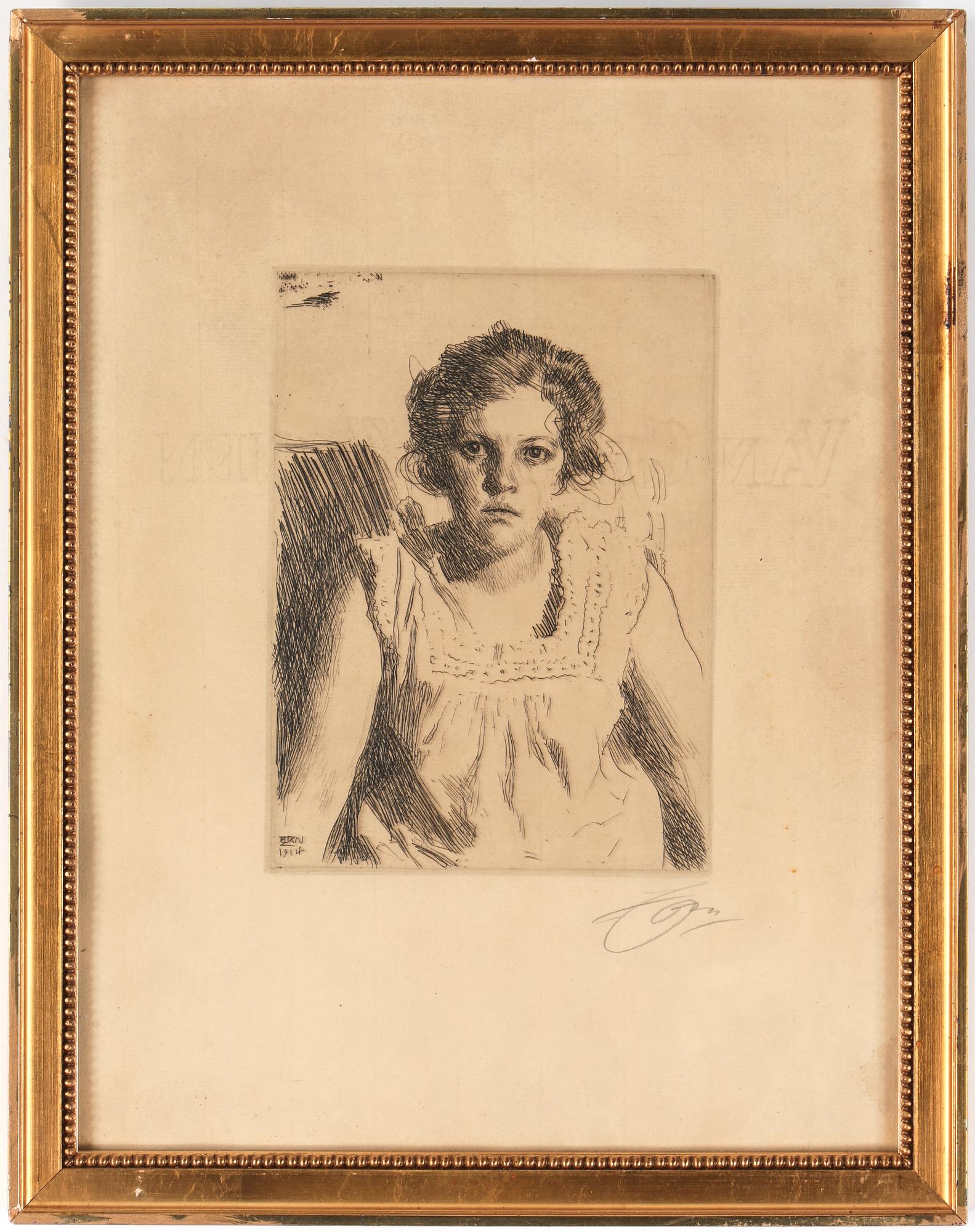 ANDERS ZORN, etsning, "Frida", 1914, signerad med blyerts.