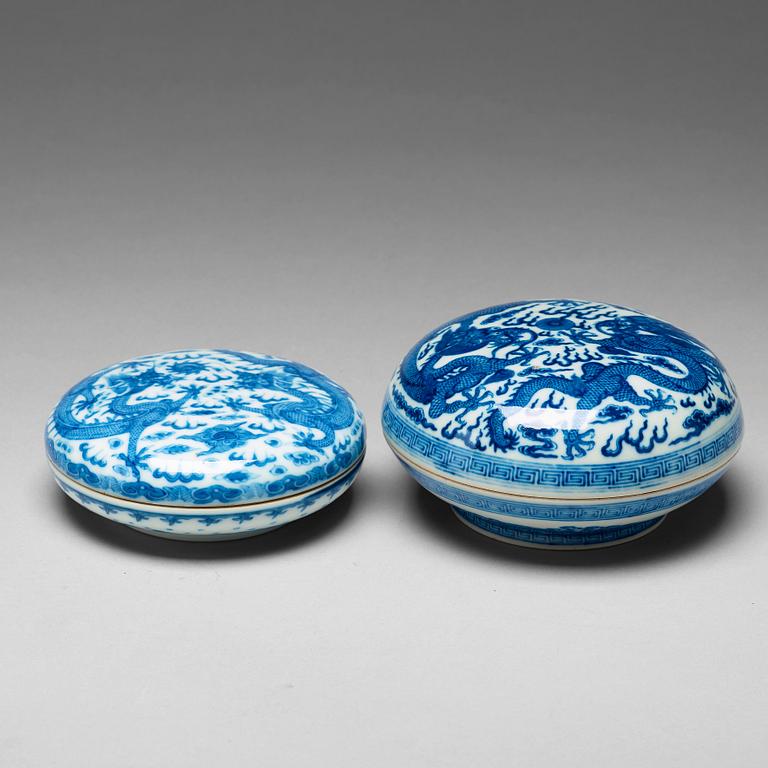 Two Chinese blue and white 'dragon' boxes with covers, 20th century, with Qianlong mark.