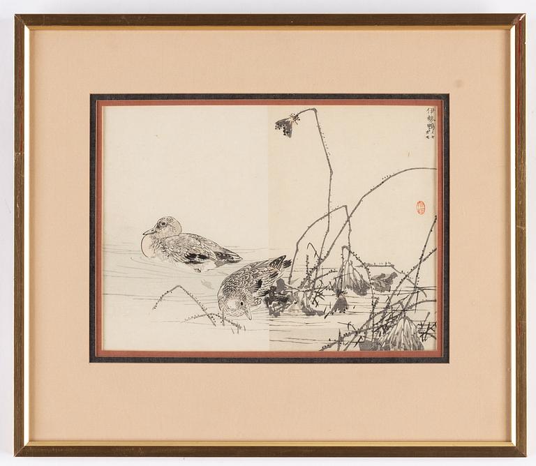 Three woodblock sheets, including Hokusai, Japan, 19th century.