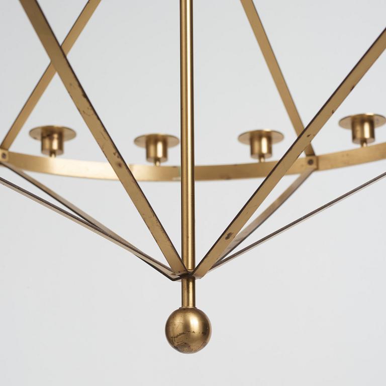 Sigurd Persson, two brass chandeliers, one for 18, the smaller for 8 candles Sweden, probably 1960s.