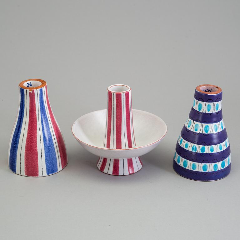 STIG LINDBERG, ljusstakar, 3 st, keramik, fajans 1940-tal, bl a fajansmålare Karin Gustavsson.