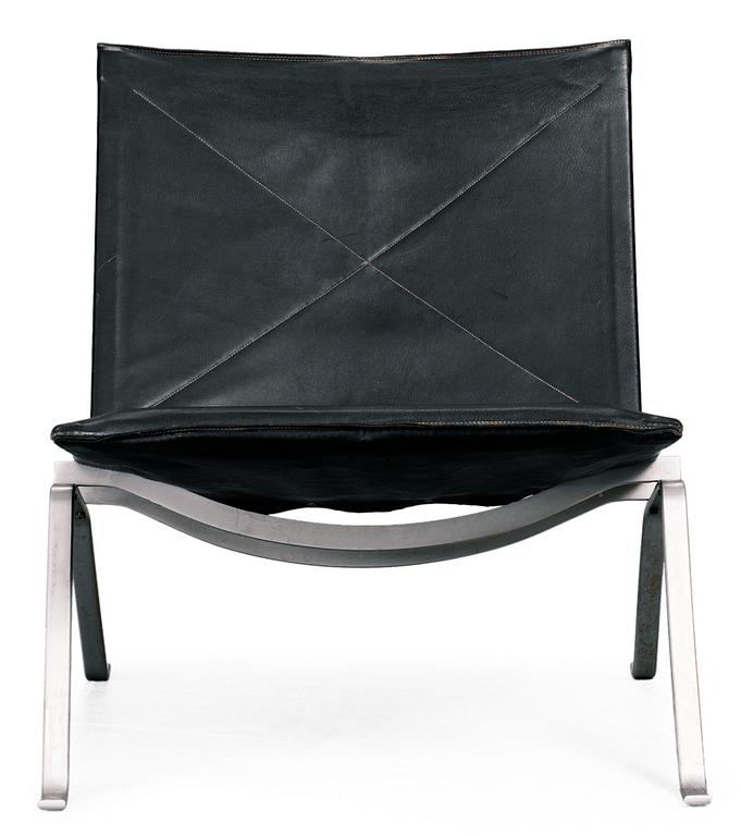 A Poul Kjaerholm "PK-22" black leather and steel easy chair, E Kold Christensen, Denmark 1960's. Maker's mark in the steel frame.