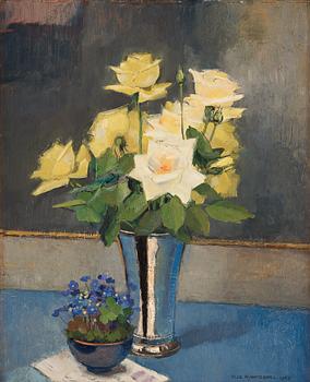 426. Olle Hjortzberg, A still life with yellow roses and purple flowers.