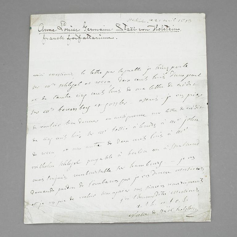 MADAME DE STAËL, GERMAINE NECKER(1766-1817), brev, sign o dat 1813.