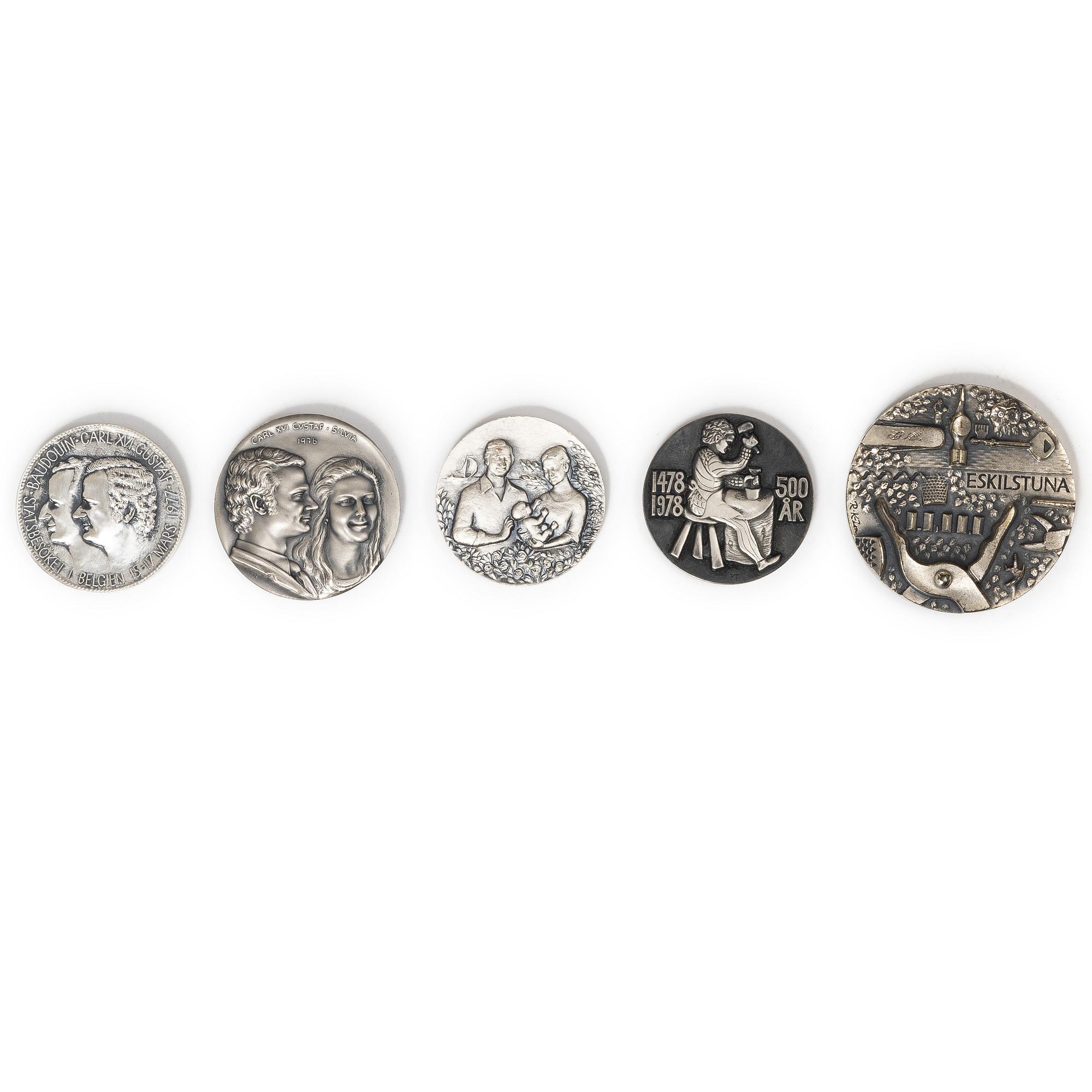 Minnesmedaljer, 5 st, sterling silver, 1900-talets slut.