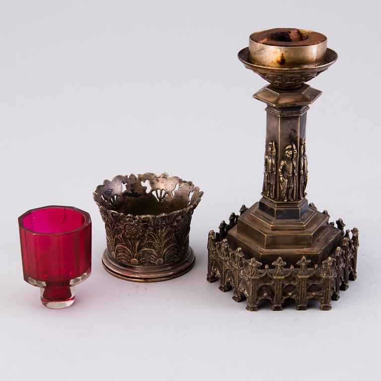 OIL LAMP, gothique style, late 19th century, silvered bronze with red glas holder.