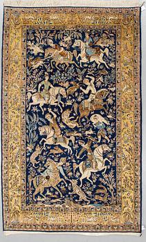 MATTO, an old Qum part silk figural, ca 278-283,5 x 168,5-171,5 cm (as well as 1 and 2 cm flat weave at the ends).