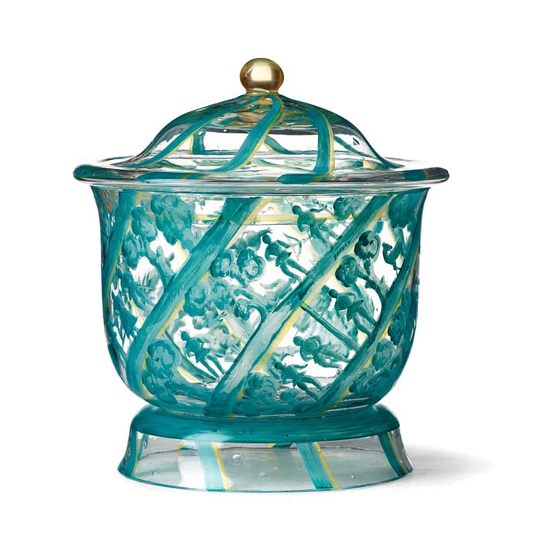 Josef Hoffmann, glasskål med lock Wiener Werkstätte, utförd för Joh. Oertel & Co, Nový Bor (Haida), Tjeckien ca 1917, emaljmålad.