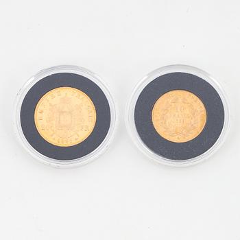 Napoleon III, France, two gold coins, 20 Franc, 1866 and 10 Francs 1859.