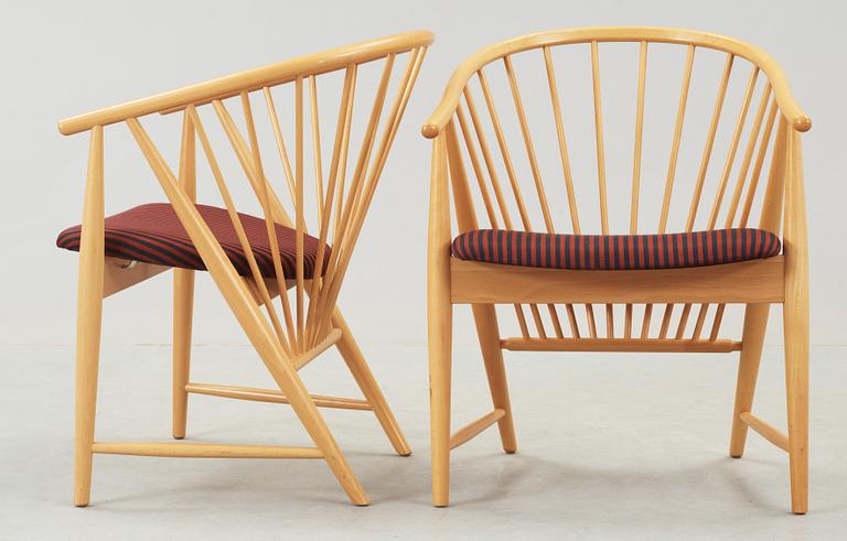 KARMSTOLAR, 2 st, "Solfjädern", Sonna Rosén, Gemla Möbelfabrik, formgiven 1948.