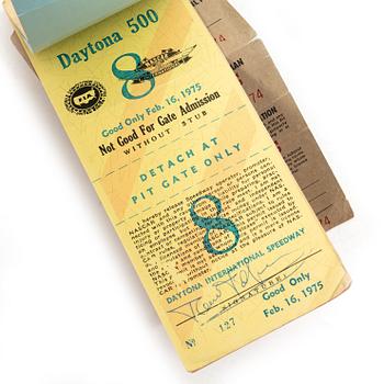 Balaclava/fire hood and access pass for the IROC races at Daytona in February 1975.
