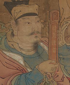 A fine daoist painting of gods holding written spells,  attendants and horsemen, Ming dynasty, 17th century.