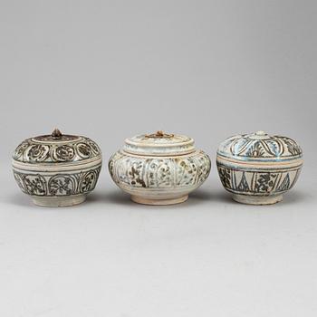 A group of three Sawankhalok boxes with covers, 15th/16th Century.