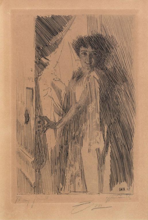 Anders Zorn, etsning, 1889, signerad med dedikation.