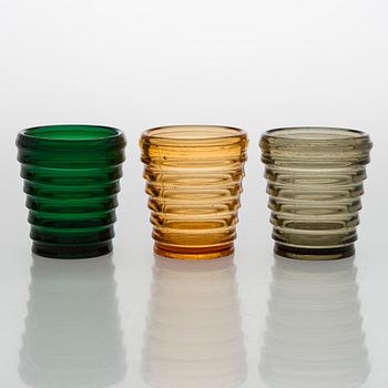 Aino Aalto, set of three  1930s 'Bölgeblick' 4052 drinking glasses for Karhula Glassworks, Finland.
