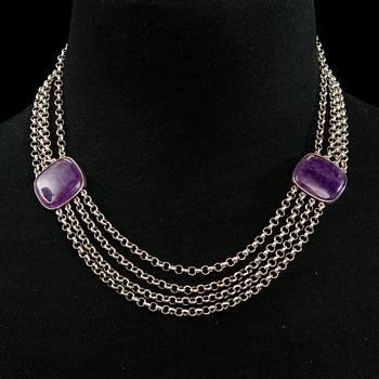 BÖRJE RAJALIN, NECKLACE and EARRINGS, amethysts, silver. Kalevala Koru 1989.