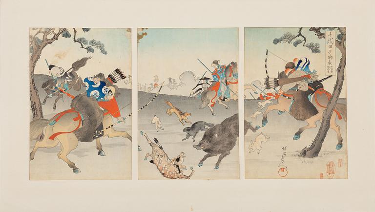 Toyohara Chikanobu, "The Front of Chiyoda Palace - Chiyoda no On-omote - Hunting at Kokinbara".