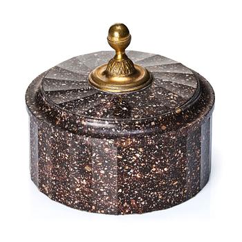 A Swedish Empire porphyry butter box with cover, 19th century.