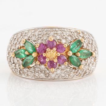 Ring, 14K gold with small brilliant-cut diamonds, emeralds, and pink stones.