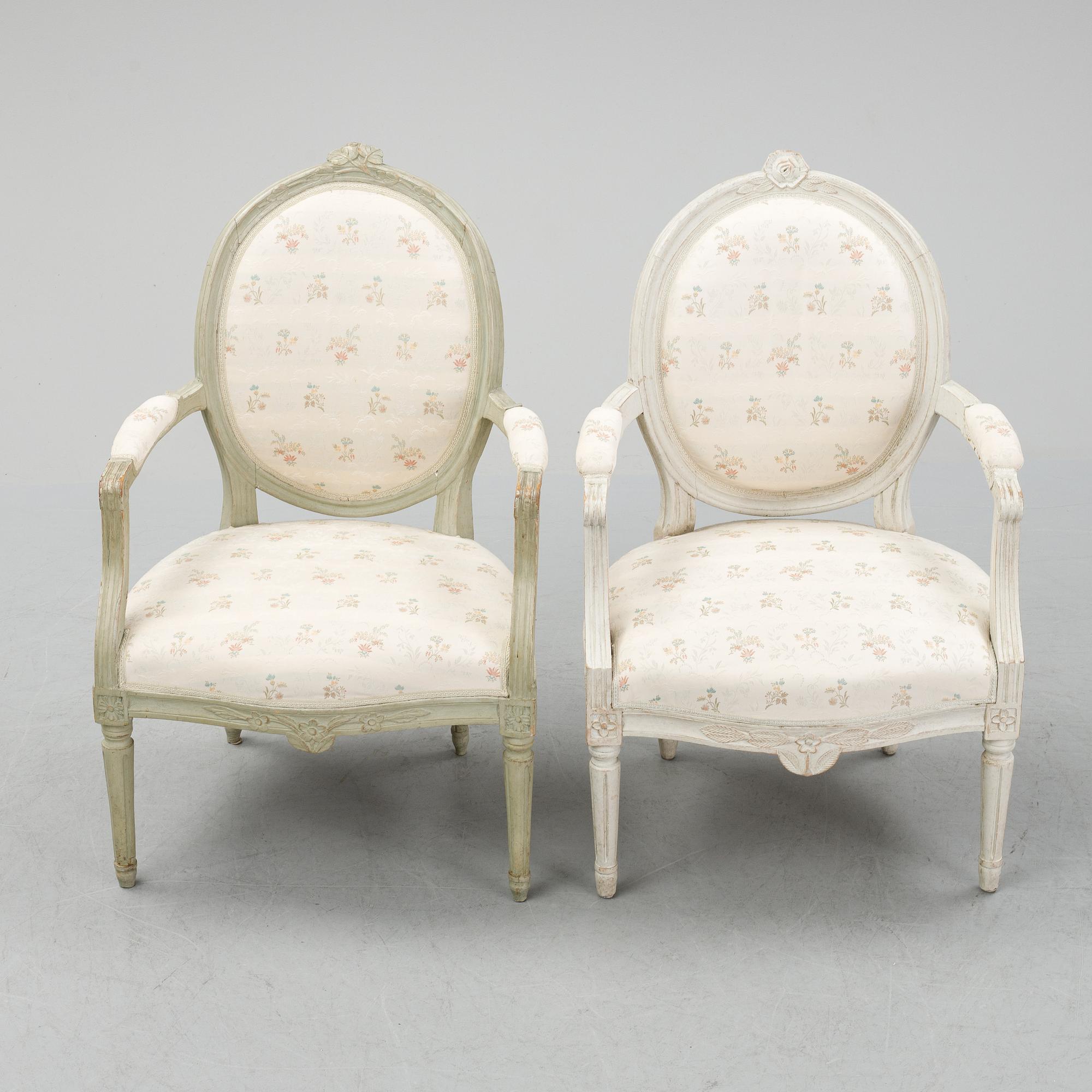 Two armchairs, gustavian and gustavian style, late 18th and early 20th century.
