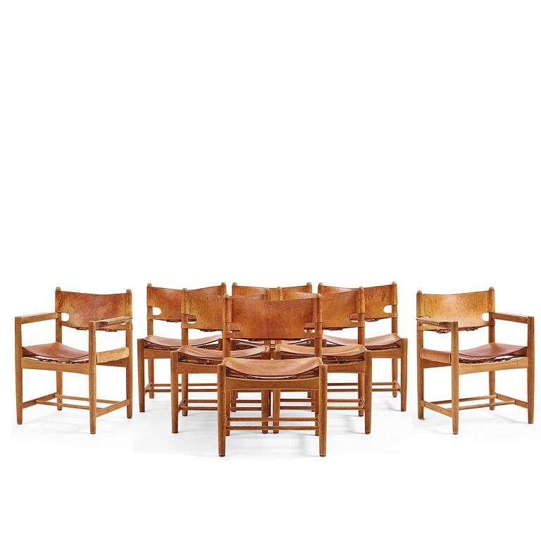 Børge Mogensen, a set of eight "Jagtspisestol"/"Spanish Dining" chairs model "3237" & "3238", Fredericia Stolefabrik, Denmark.