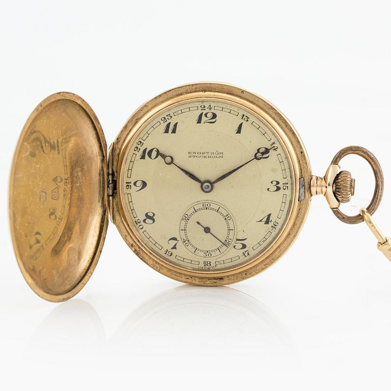 Pocket watch, 14K, "Engström Stockholm", 18K gold chain, hunter, 51.5 mm.