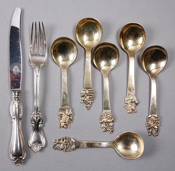 PARTI BESTICK, 15 st, silver, flertal mästare bla Gustaf Möllenborg, Sverige, Danmark 1800-1900-tal.