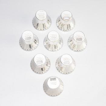 Eight sterling silver and enamel beakers, design and enamelling by Barbro Littmarck, W.A. Bolin, Stockholm 1961-66.