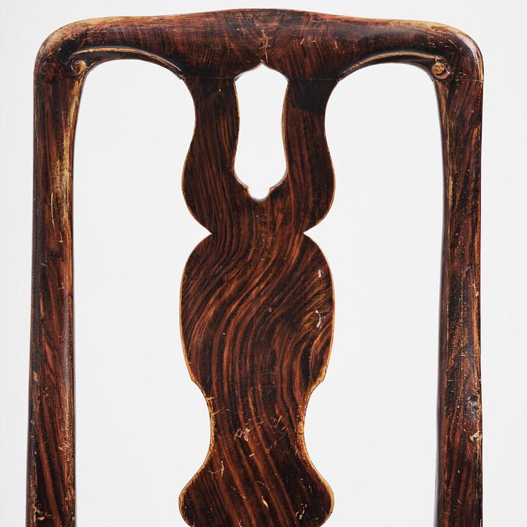 A pair of late baroque faux bois-painted chairs, attributed to M. Meling, 1730/40's.