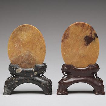 Two Chinese soapstone placques and stands, early 20th Century.