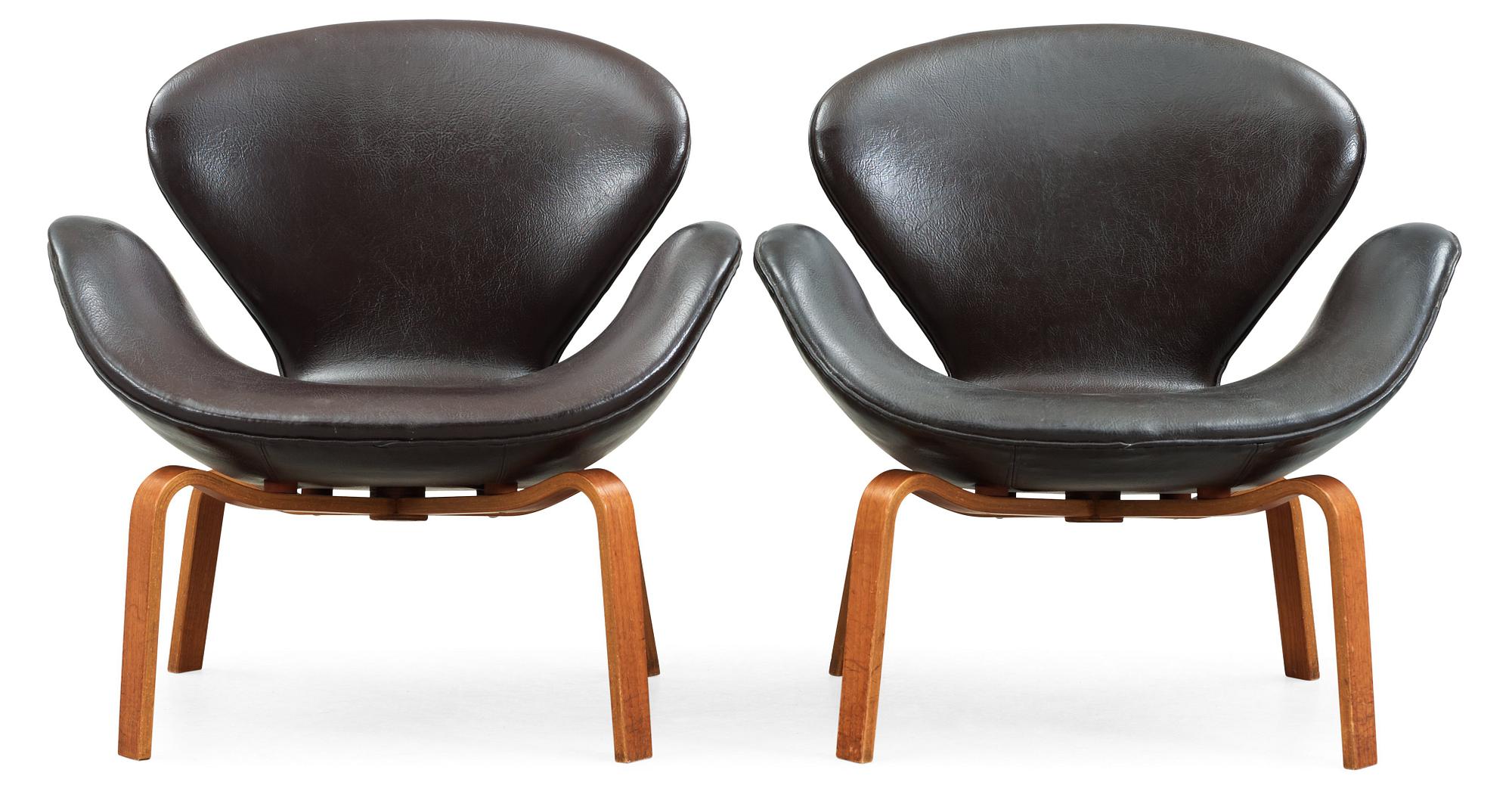 A pair of Arne Jacobsen brown artificial leather 'Swan' easy chairs, Fritz Hansen 1966.