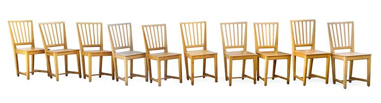 A SET OF TEN PINE CHAIRS,