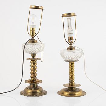 Two brass table lamps, Baroque style, 20th Century.