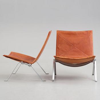 Poul Kjaerholm, a pair of "PK-22" steel and brown leather easy chairs, edition E Kold Christensten, Denmark 1960's.