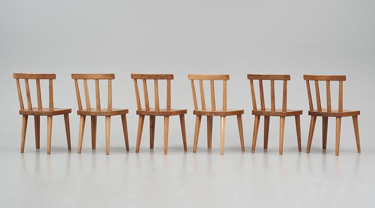 Axel Einar Hjorth, a set of six "Utö" stained pine chairs, Nordiska Kompaniet 1930s.