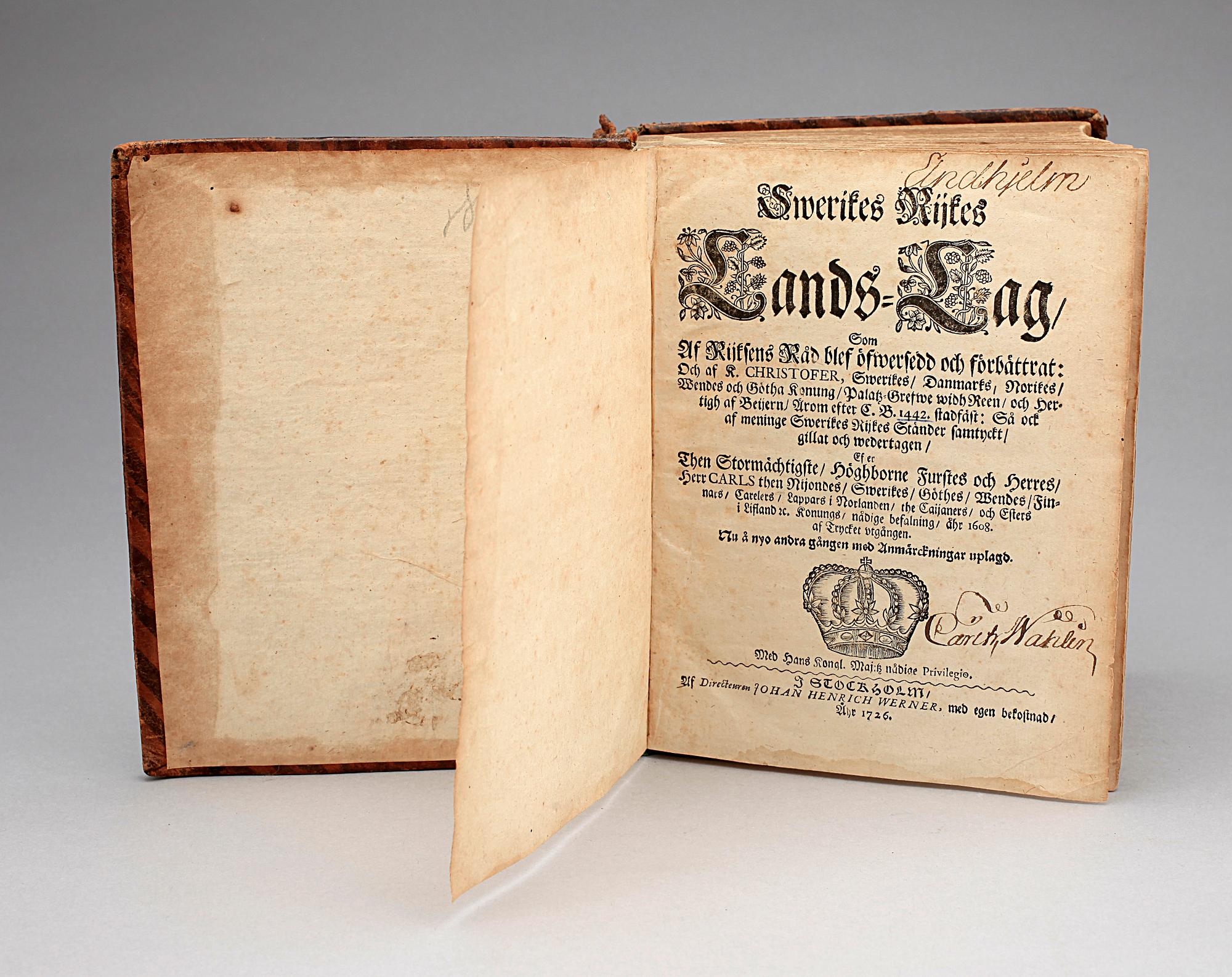LAGBOK, "Sweriges Rijkes Lands Lag", Stockholm 1726.