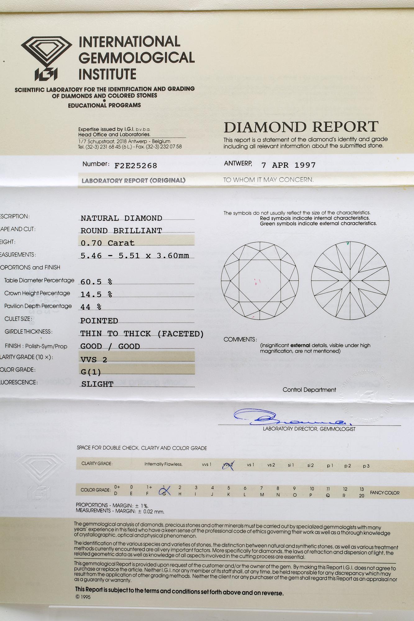 Brilliant-cut diamond 0,70 ct G VVS2, IGI certificate F2E25268, 1997.
