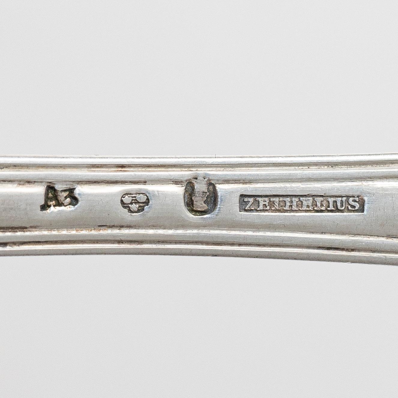 Adolf Zethelius, Six Swedish silver dinner spoons, mark of Adolf Zethelius, Stockholm 1831-1839.