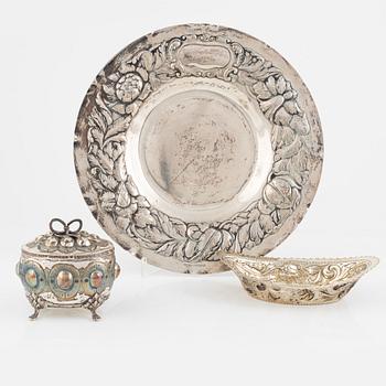 Presentation dish, bowl, and sugar box with lid, silver, Baroque style, 20th Century.