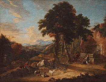 766. Nicolaes Berchem Attributed to, Italianate landscape with resting figures.