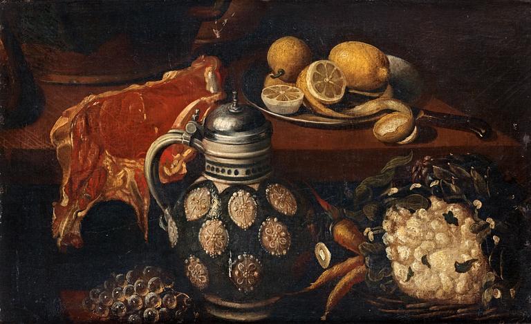 Gottfried von Wedig Hans art, Stilleben med köttstycke, kanna frukter och grönsaker.