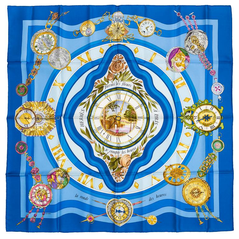 HERMÈS, two silk scarves, 'Jumping' & 'La Ronde des Heures'.