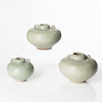 A group of three celadon glazed pots for the South East Asian market, 15/16th Century.