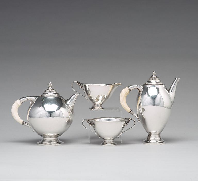 Johan Rohde, kaffe- och teservis 4 delar, Georg Jensen, Köpenhamn 1919, 830/1000 silver, svenska importstämplar GAB F.