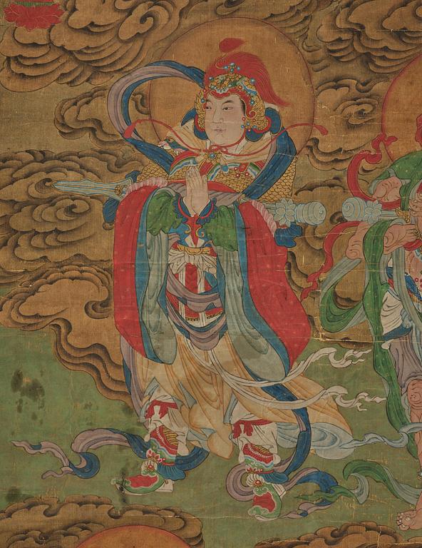 Two Chinese scroll paintings of Heavenly and Earthly Deities from the Water-Land Ritual, late Qing dynasty.