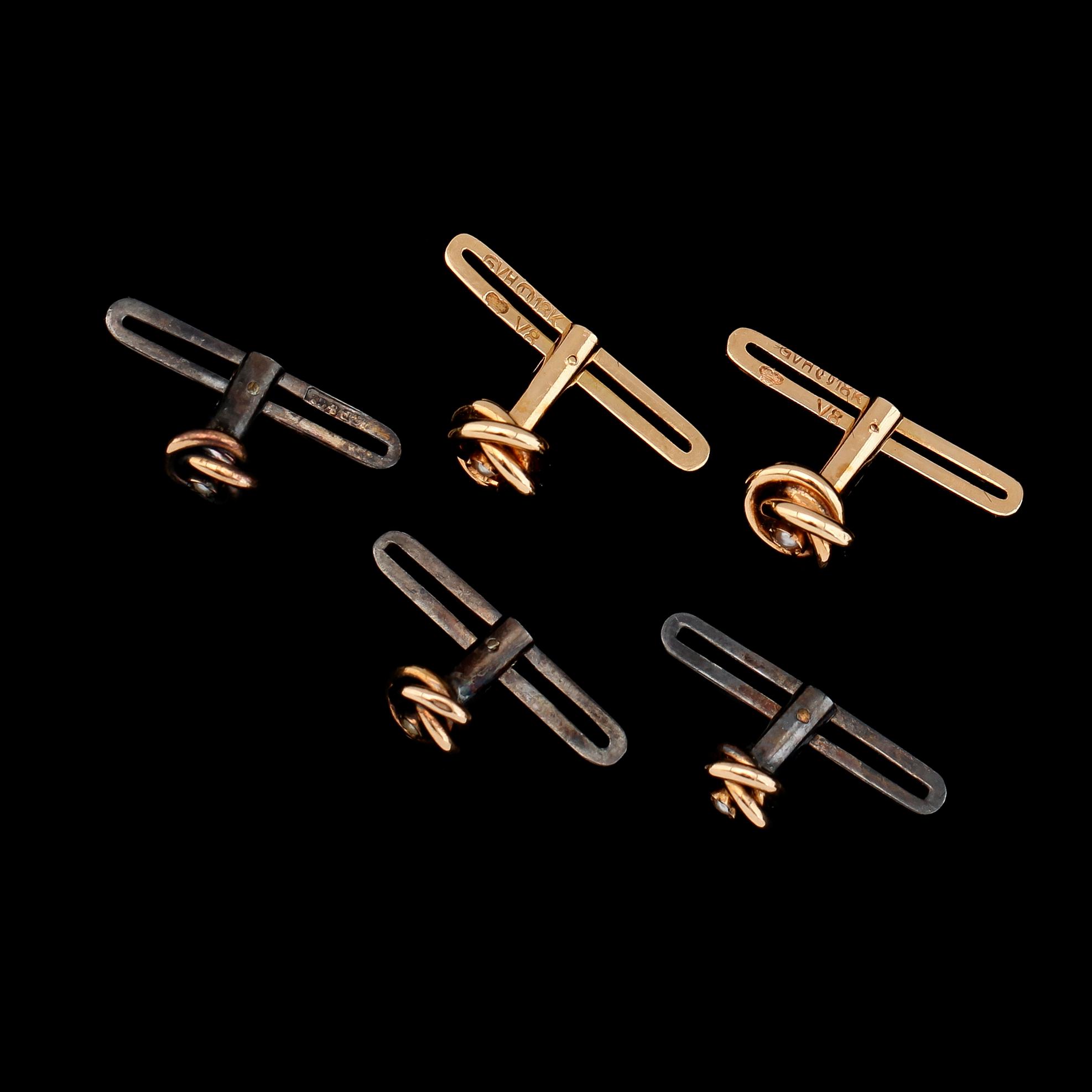 SKJORTKNAPPAR, 5 st, 18K guld, silver och orientpärlor, 1900-talets mitt. Total vikt ca 5 g.