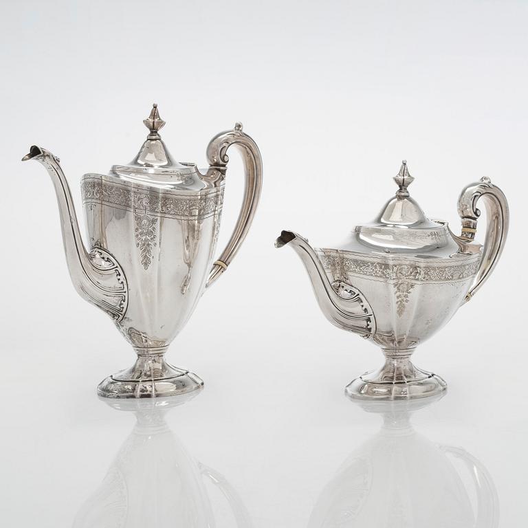A five-piece sterling silver coffee and tea service, and 12 spoons, USA, first quarter of the 20th century.