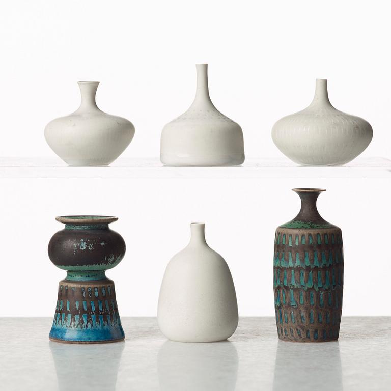 Stig Lindberg, a set of six stoneware miniature vases, Gustavsberg studio, Sweden 1958-62.