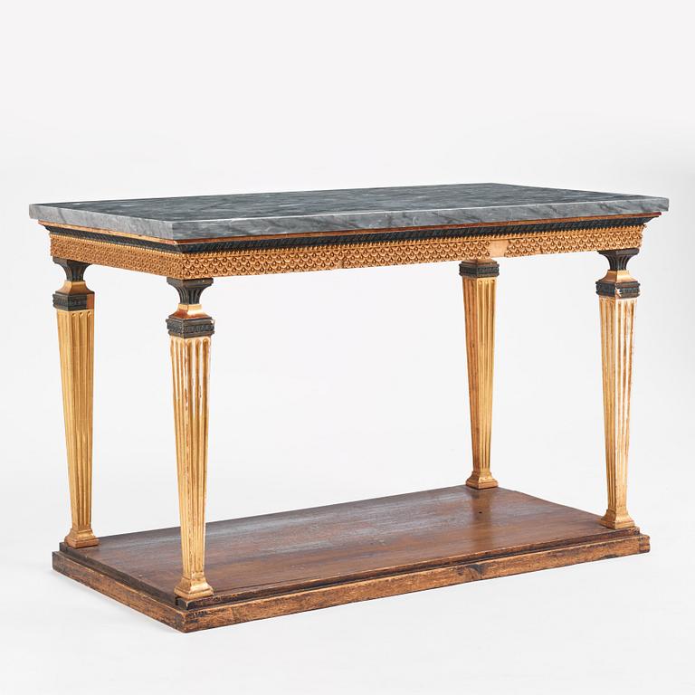 A late Gustavian giltwood, patinated and Bleu Turquin console in the manner of J. Frisk, Stockholm circa 1800.