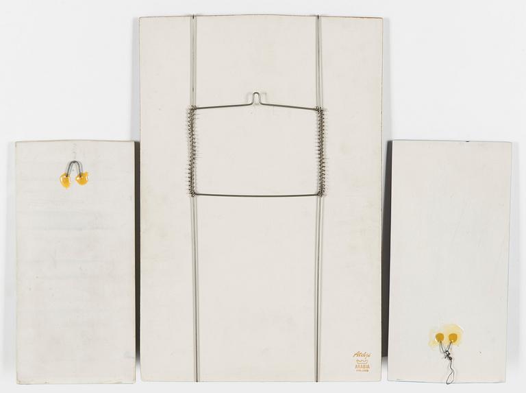 Raija Uosikkinen, three 1970s ceramic wall plaques, Arabia, Finland.